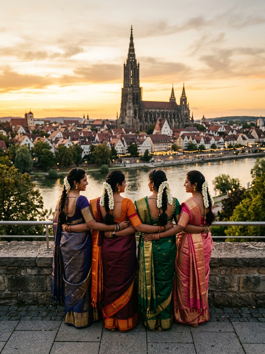 Indian women in traditional sarees facing Ulm Minster at sunset